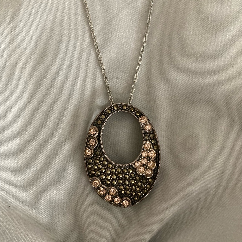 925 Sterling Silver Marcasite And Pink Rhinestone Pendant Necklace